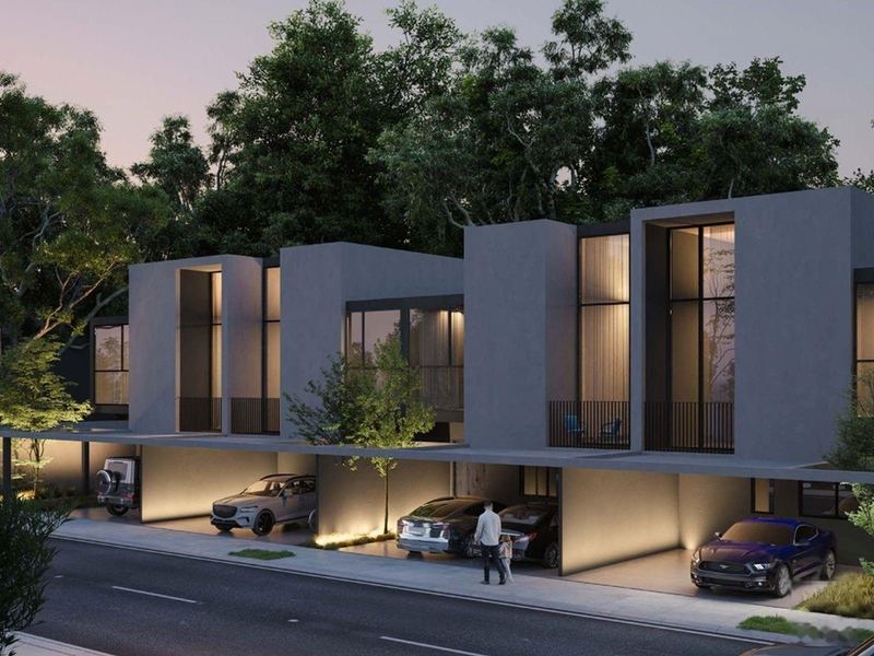 Azalea townhouses at dusk, Masaar. Illustrative render.