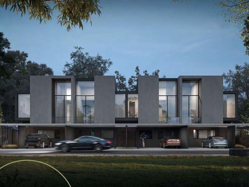 Azalea townhouse terraces in the evening, Masaar. Illustrative render.