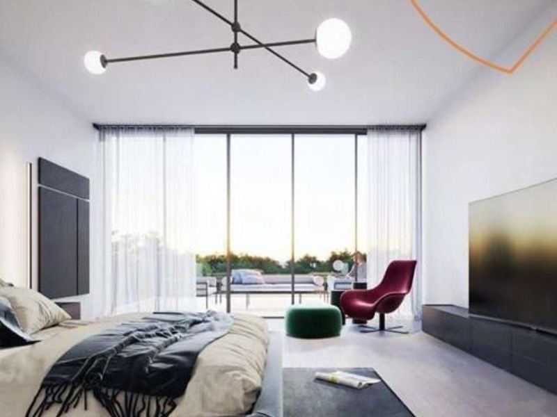 Bedroom with floor-to-ceiling glazing, Masaar. Illustrative render.