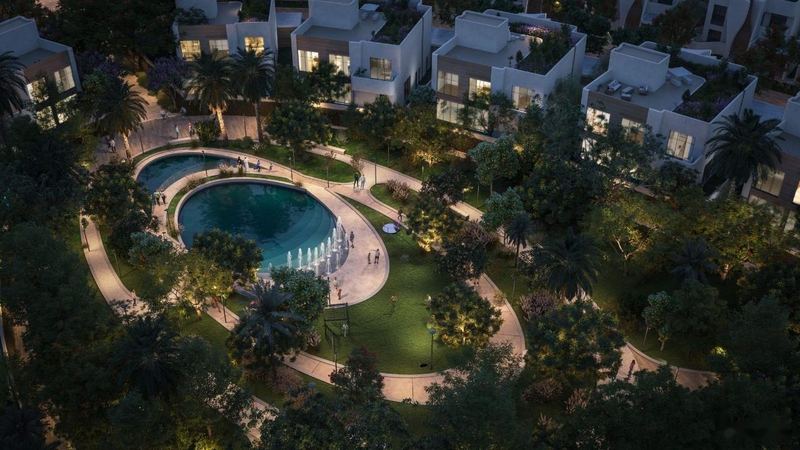 Aerial view of the central water garden at dusk. Artist's impression.