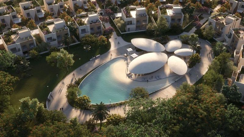 Aerial view of the community pool pavilion. Artist's impression.