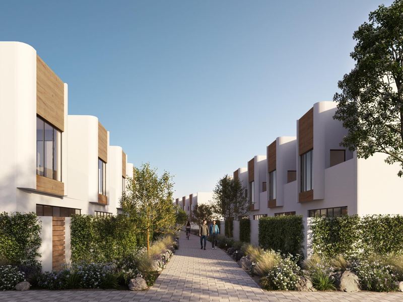 Landscaped walkway between townhouses. Artist's impression.