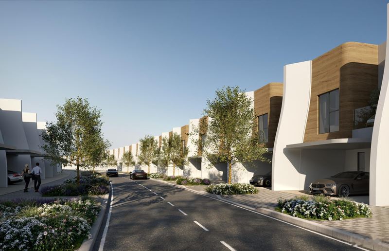 Tree-lined street of townhouses. Artist's impression.