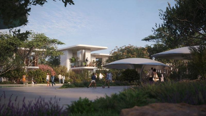 Community plaza at sunset. Artist's impression.
