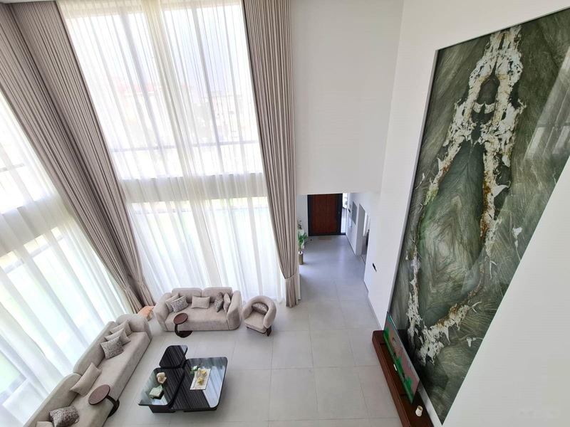 Living room and stone feature wall