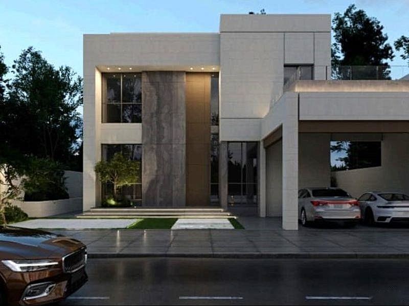 Villa front elevation at dusk. Illustrative image.